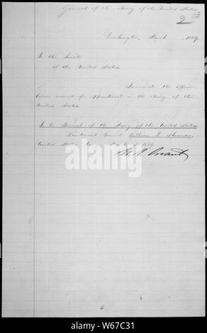 Messaggio del presidente Ulysses S. Grant Nominare William T. Sherman per essere generale dell'esercito degli Stati Uniti, 03/05/1869 Foto Stock