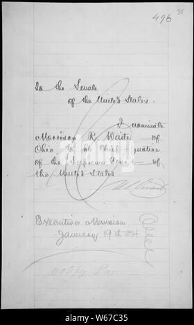 Messaggio del presidente Ulysses S. Grant nominating Morrison R. Warte da giustizia principale della Corte suprema degli Stati Uniti, 01/19/1874 Foto Stock