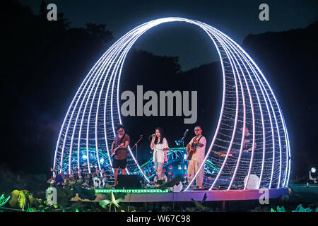 Jiande cinese della provincia dello Zhejiang. 31 Luglio, 2019. Una banda musicale svolge durante una serata all'aperto concerto tenuto come un estate ricreazione su un laghetto di loto in Liye villaggio di Daciyan Township, Jiande, est della Cina di Provincia dello Zhejiang, 31 luglio 2019. Credito: Xu Yu/Xinhua/Alamy Live News Foto Stock