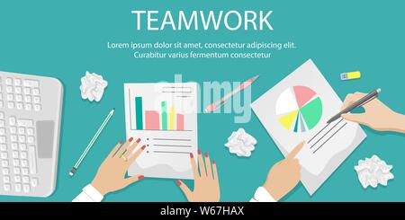 Scrivania con il lavoro di squadra su carta. Pile di carte, documenti. Concetto di ufficio. Vettore di piana cartoon illustrazione. Illustrazione Vettoriale