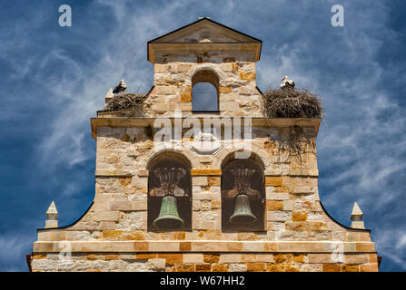 Nidi di cicogna al campanile a vela, Iglesia de Santa Maria La Nueva, la chiesa in stile romanico, di Zamora, Castilla y Leon, Spagna Foto Stock