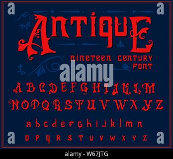 Alfabeto vittoriana in stile antico. Antique vecchio Font per etichetta Whiskey. Carattere tipografico vintage nei colori rosso, modificabile e stratificati. Disegnata a mano Vector Illustrazione Vettoriale