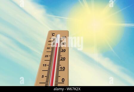 Il sole e il termometro. La temperatura dell'aria è superiore a 40 gradi Celsius. Il riscaldamento globale. Illustrazione Vettoriale