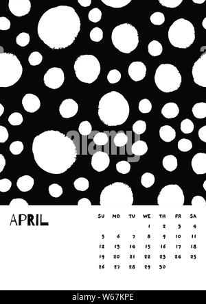 2020 aprile English Calendario vettore astratto disegnare a mano il punto di bianco e nero. Settimana inizia Domenica. In bianco e nero in stile minimalista. Calendario Poster flyer Formato, supporti di stampa, opuscolo A3, A4, A5 Illustrazione Vettoriale