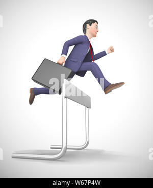 Superare gli ostacoli rappresentati da un uomo saltando su un ostacolo. Affrontare la sfida e riuscendo - 3d illustrazione Foto Stock