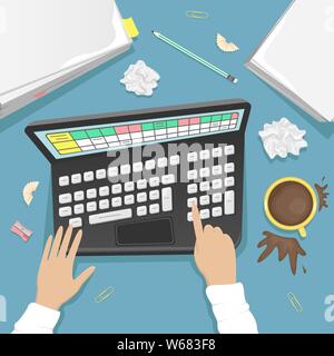 Scrivania con computer portatile, una pila di carte e una tazza di caffè. Un desktop di sporco. Cartoon piatto design. Illustrazione Vettoriale