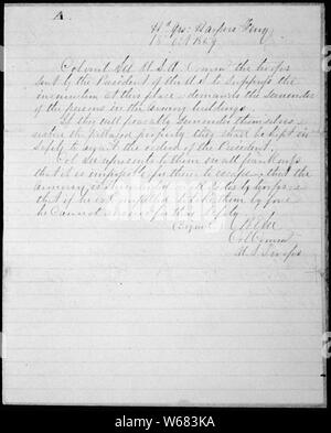 Robert E. Lee, la domanda per la rinuncia di John Brown e il suo partito [ad Harper's Ferry]; Portata e contenuto: la distruzione della schiavitù negli Stati Uniti è stato il pilotaggio ambizione di abolizionista John Brown. Egli è venuto a credere che avrebbe potuto prendere lo spargimento di sangue per estirpare il male della schiavitù e dalla metà-1850's si dedicò a una guerra di liberazione di slave. Il 16 ottobre 1859, egli e il suo esercito di una ventina di uomini ha grippato l'arsenale federale di Harper's Ferry, Virginia (ora West Virginia). Dalla mattina di ottobre 18, Marines sotto il comando di BVT. Col. Robert E. Lee, espugnato il b Foto Stock