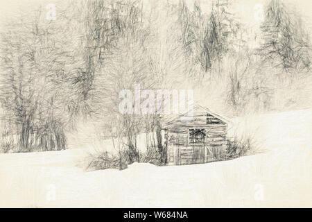 Nero disegno a matita su carta bianca, vecchia baita di montagna, pecore shelter, nelle alpi austriache in inverno o in primavera. Foto Stock