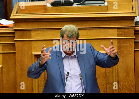 Atene, Grecia. 31 Luglio, 2019. Ex Vice Ministro della sanità e vice di Syriza Pavlos Polakis, durante il suo discorso in Parlamento ellenica. Credito: Dimitrios Karvountzis/Pacific Press/Alamy Live News Foto Stock