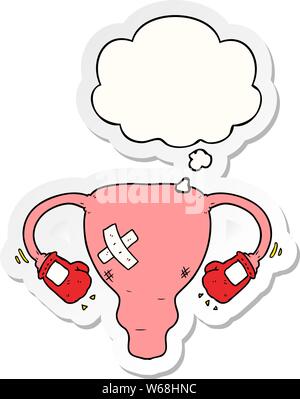 Cartoon battere con utero i guantoni con bolle di pensiero come un adesivo stampato Illustrazione Vettoriale