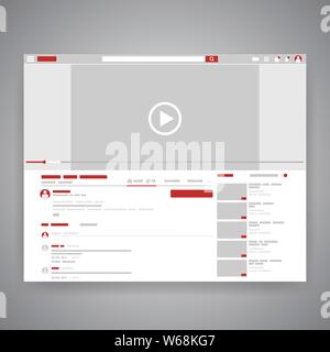 Browser Web social media youtube video player interfaccia. Riproduzione di video online mock up. Finestra di interfaccia utente con icona di navigazione. Illustrazione Vettoriale. Illustrazione Vettoriale