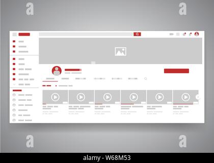 Browser Web video di Youtube channel interfaccia utente di pagina con il campo di ricerca e elenco di video. Lettore video sito web interface mock up. Vettore pagina web Illustrazione Vettoriale