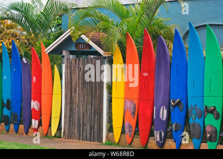 Surfboard colorati recinto vicino alla città di para lungo la strada a Hana su Hawaii Isola di Maui. Foto Stock