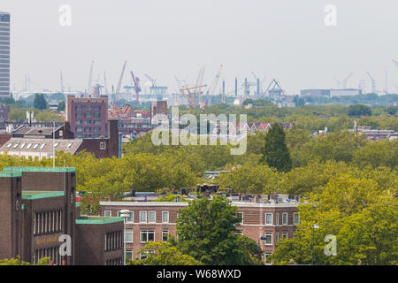 Rotterdam, Paesi Bassi - 19 Luglio 2019: misto classica architettura di Rotterdam frondosa urban edifici appartamento in primo piano con Harbour waterfro Foto Stock