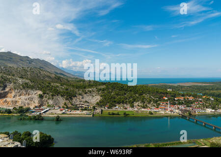 Vista Shkodar vicino a Città di Castello di Rozafa, Albania Foto Stock