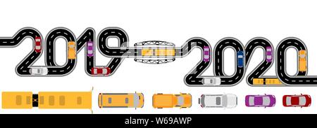 2019-2020 Anno Nuovo. Auto, minibus, pullman e camion. La strada con marcature iscrizione stilizzato. illustrazione Illustrazione Vettoriale