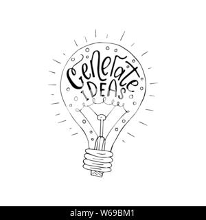 Generare le idee. Spazzola Handdrawn lettering. Vettore di Business llustration con lampadina per disegni moderni. Illustrazione Vettoriale