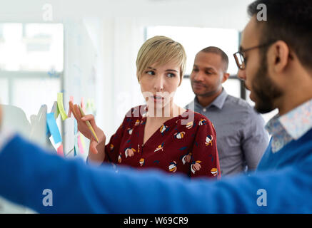 Ritratto di una bionda di capelli corti donna a capo di un team diversificato di creative millenaria i colleghi in un avvio di strategie di brainstorming Foto Stock