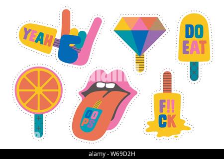 Gelato di adesivi. Colorato e divertente adesivi per gelato Illustrazione Vettoriale