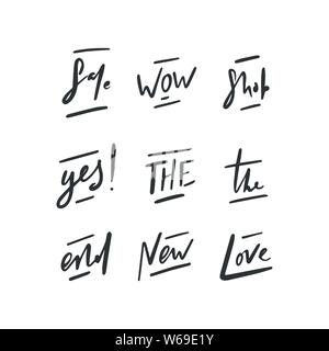 Handdrawn brevi parole di vettore. Lettering brevi frasi di vettore - sì, wow, vendita, shop, e l'amore. Illustrazione Vettoriale
