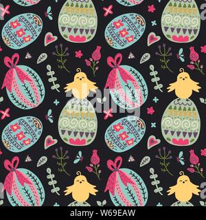 Molla senza giunture vector pattern con le uova di Pasqua, polli e fiori. Felice Pasqua illustrazione. Illustrazione Vettoriale