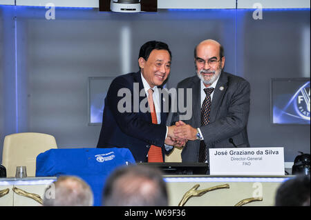 Roma, Italia. 31 Luglio, 2019. Nuovo Direttore Generale del Cibo di ONU ed Organizzazione di Agricoltura (FAO) Qu Dongyu (L) scuote le mani con la FAO in uscita chief Jose Graziano Da Silva durante un handover ufficiale cerimonia in Roma, Italia, il 31 luglio 2019. Una cerimonia ufficiale che si è tenuto qui il mercoledì per contrassegnare il passaggio di consegne tra il Cibo di ONU ed Organizzazione di Agricoltura (FAO) outgoing chief Jose Graziano Da Silva e il nuovo direttore generale dell'agenzia Qu Dongyu, che ha promesso di rendere tale organizzazione più dinamica e trasparente e globale. Credito: Xinhua/Alamy Live News Foto Stock