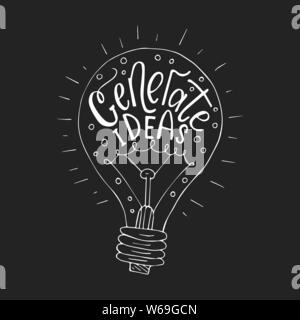 Generare le idee. Spazzola Handdrawn lettering. Vettore di Business llustration con lampadina per disegni moderni. Illustrazione Vettoriale