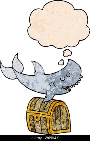 Cartoon shark nuoto su scrigno con bolle di pensiero in grunge stile di tessitura Illustrazione Vettoriale