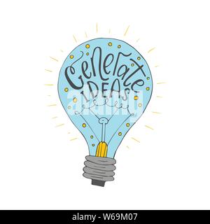 Generare le idee. Spazzola Handdrawn lettering. Vettore di Business llustration con lampadina per disegni moderni. Illustrazione Vettoriale