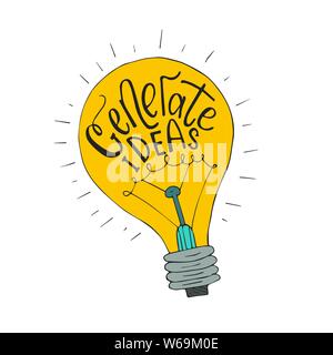 Generare le idee. Spazzola Handdrawn lettering. Vettore di Business llustration con lampadina per disegni moderni. Illustrazione Vettoriale
