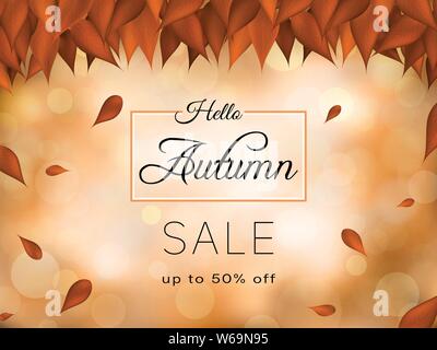 In autunno il design di sconto in marrone e arancione. La vendita del testo con la caduta di foglie. Telaio lascia dietro la foresta sfocate, bokeh di fondo con effetto di luce. In autunno Illustrazione Vettoriale