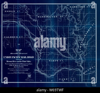 0428 Railroad Maps Mappa che mostra i diversi percorsi intervistati per la Union Pacific Rail Road tra il fiume Missouri e il Platte invertito la ricostruzione e la riparazione Foto Stock