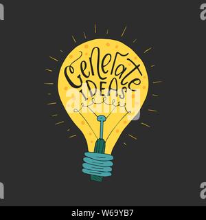 Generare le idee. Spazzola Handdrawn lettering. Vettore di Business llustration con lampadina per disegni moderni. Illustrazione Vettoriale