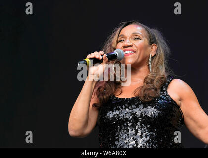 Lulworth, UK. 28 Luglio, 2019. Kathy Sledge, uno degli originali cantanti e membro fondatore con il Grammy Award winning musical americano del gruppo vocale sorella slittino, esecuzione dal vivo sul palco a Camp Bestival famiglia music festival di Lulworth, Dorset, Regno Unito. Credito: SOPA Immagini limitata/Alamy Live News Foto Stock