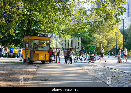 NEW YORK CITY - Luglio 27, 2019: vista del Central Park di New York City con persone in attesa sulla linea a food cart Foto Stock