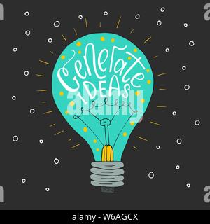 Generare le idee. Spazzola Handdrawn lettering. Vettore di Business llustration con lampadina per disegni moderni. Illustrazione Vettoriale
