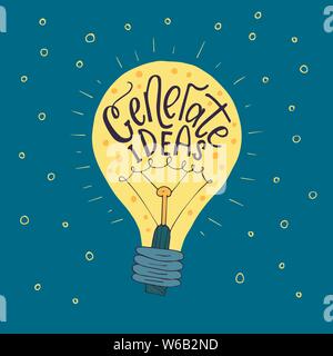 Generare le idee. Spazzola Handdrawn lettering. Vettore di Business llustration con lampadina per disegni moderni. Illustrazione Vettoriale