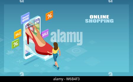 Internet shopping concetto. Vettore di una donna acquistare scarpe online Illustrazione Vettoriale