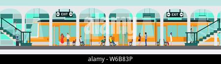 Concetto di trasporto. Vettore di una stazione metropolitana piattaforma con persone in viaggio o in attesa di un treno Illustrazione Vettoriale