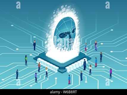 L'intelligenza artificiale di riconoscimento facciale e di macchina il concetto di apprendimento. Vettore di diverse persone collegate dalla moderna tecnologia chip di computer Illustrazione Vettoriale