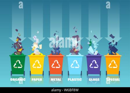 Raccolta e riciclaggio rifiuti nozione. Vettore di un domestico garbage separati in contenitori differenti Illustrazione Vettoriale