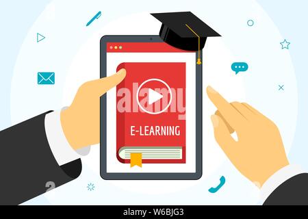 Tablet con custodia rossa per il corso online. Concetto di formazione a distanza con pulsante Play video e tappo di graduazione. E-learning studio e internet insegnamento banner vettoriale flat illustrazione Illustrazione Vettoriale