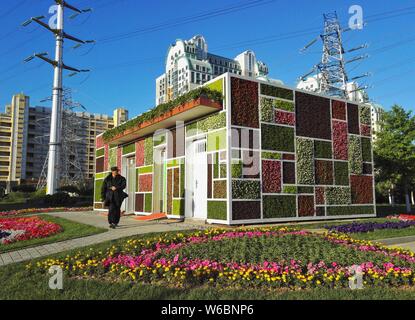 Un residente locale passeggiate passato la magia a forma di cubo wc pubblico decorate con forma quadrata di piante in diversi colori a Pechino, in Cina, il 3 maggio 2018. Foto Stock