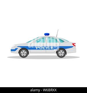 Icona della macchina della polizia con un ombra sul isolato sullo sfondo bianco. Il veicolo in stile appartamento. Elemento di design. Illustrazione Vettoriale. Illustrazione Vettoriale
