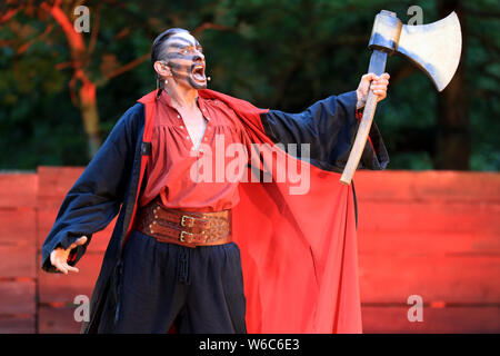 Altenbrak, Germania. 31 Luglio, 2019. Un attore si erge sul palco durante una prova. Il venerdì, 02.08.2019 La prima performance di 'Laroranja', una fantasia musical circa il cielo Nebra disco, avrà luogo. Intorno 40 attori e comparse giocherà nel gioco. Credito: Pietro Gercke/dpa-Zentralbild/dpa/Alamy Live News Foto Stock