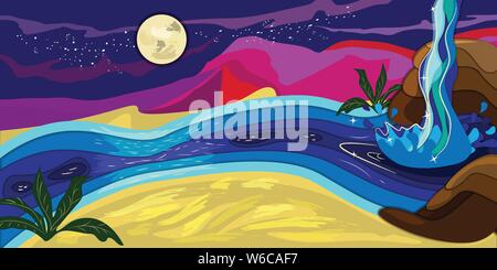 Vettore paesaggio abtract di piccole con il fiume e la cascata nel deserto di notte e rosa unreal colline Illustrazione Vettoriale
