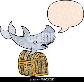 Cartoon shark nuoto oltre lo scrigno con il discorso di bolla nel retro stile di tessitura Illustrazione Vettoriale