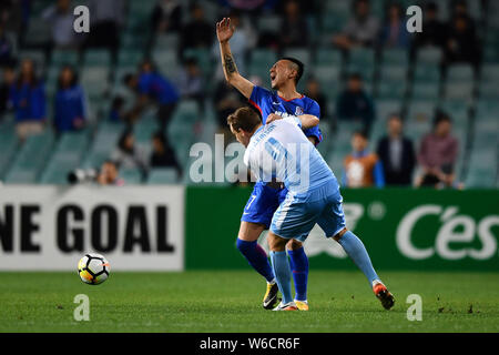 Alex Wilkinson, anteriore dell'Australia Sydney FC sfide Mao Jianqing di cinese di Shanghai Shenhua FC nel loro gruppo H corrispondere durante il 2018 AFC Cham Foto Stock