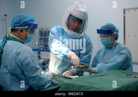 (190801) -- ZHENGZHOU, 1 Agosto, 2019 (Xinhua) -- Feng Xiuling (C) rileva uno strumento chirurgico presso la camera operativa di Henan Malattie infettive ospedale di Zhengzhou, capitale della Cina centrale della Provincia di Henan, 31 luglio 2019. Feng Xiuling, 54, è il primo medico per eseguire interventi chirurgici per i malati di AIDS in Henan. Dal 2002, Feng ha condotto più di tremila ambulatori per pazienti di AIDS, in cui egli è stato a rischio di esposizione a HIV infezione per quattro volte. "Il mio lavoro è come camminare su una lama,' ha detto.Il reparto chirurgico Feng sta lavorando per esegue quasi 800 interventi all'anno, di cui Foto Stock