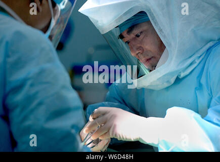 (190801) -- ZHENGZHOU, 1 Agosto, 2019 (Xinhua) -- Feng Xiuling (R) conduce a un intervento chirurgico per un paziente di AIDS a Henan Malattie infettive ospedale di Zhengzhou, capitale della Cina centrale della Provincia di Henan, 31 luglio 2019. Feng Xiuling, 54, è il primo medico per eseguire interventi chirurgici per i malati di AIDS in Henan. Dal 2002, Feng ha condotto più di tremila ambulatori per pazienti di AIDS, in cui egli è stato a rischio di esposizione a HIV infezione per quattro volte. "Il mio lavoro è come camminare su una lama,' ha detto.Il reparto chirurgico Feng sta lavorando per esegue quasi 800 ambulatori annualmente, delle quali AIDS ID paziente. Foto Stock